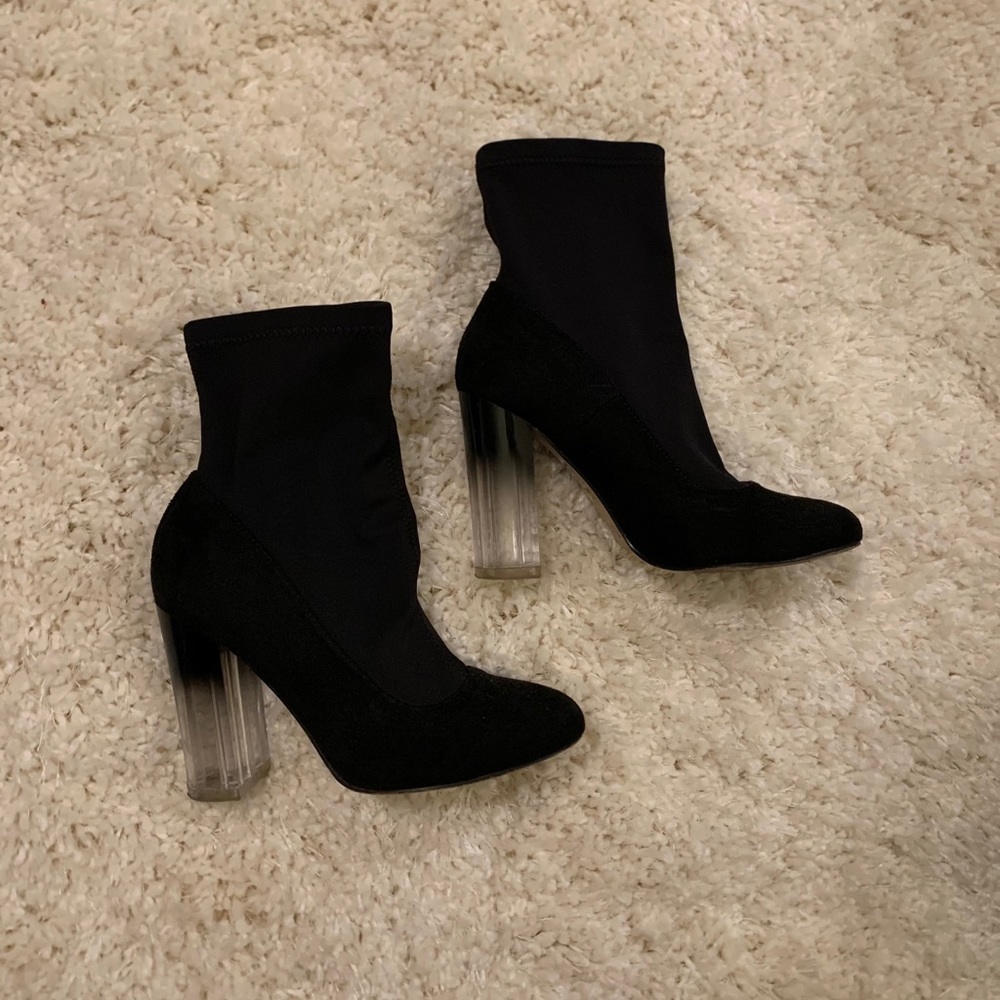 Black booties with clear heels